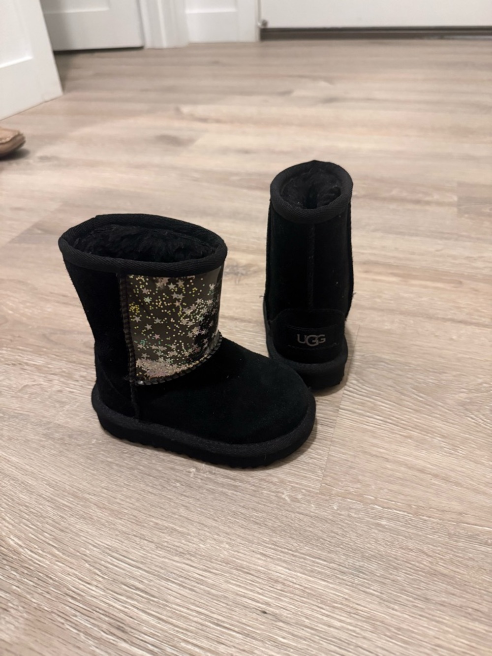 UGG Black Suede Kids Boots with Gold Glitter Star Panel